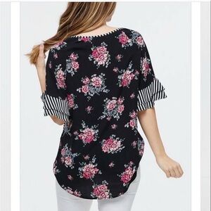 White Birch Black and Pink Ruffled Blouse with Cuffed Sleeves